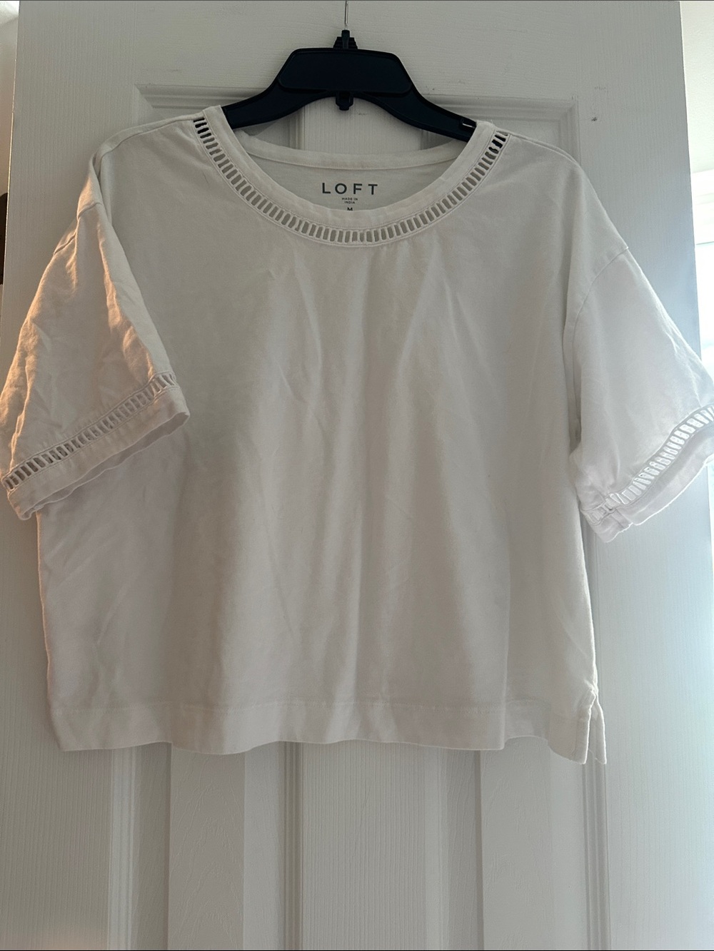 LOFT White Short Sleeve Eyelet-Trim Boxy Tee
